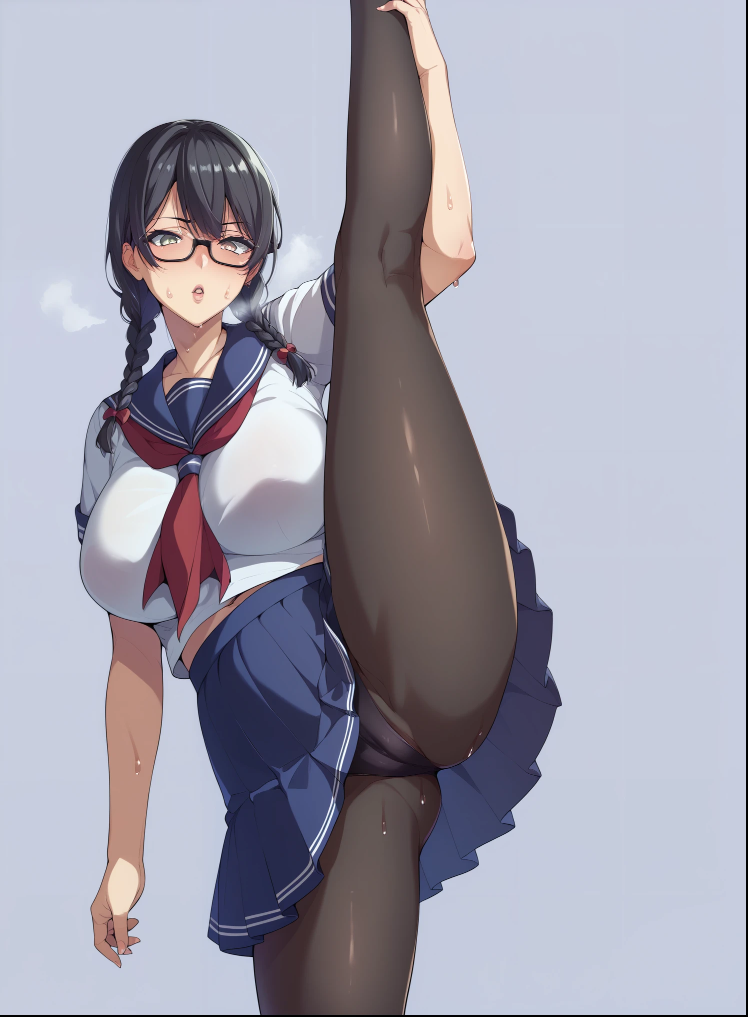 Angle from the front、Character portrait、Ultra-detailed illustrations、Ultra-precise expression、masterpiece、Highest quality、ultra High resolution、High resolution、Hiromitsu Takeda Style、White background、Simple Background、Young、One girl、10th Generation、solo、Sailor suit、skirt、Black Hair、Drooping eyes、Black glasses、Two short braids、Grey Eyes、Big Breasts、White Breath、Sweat、Black tights、standing split、cowboy shot、