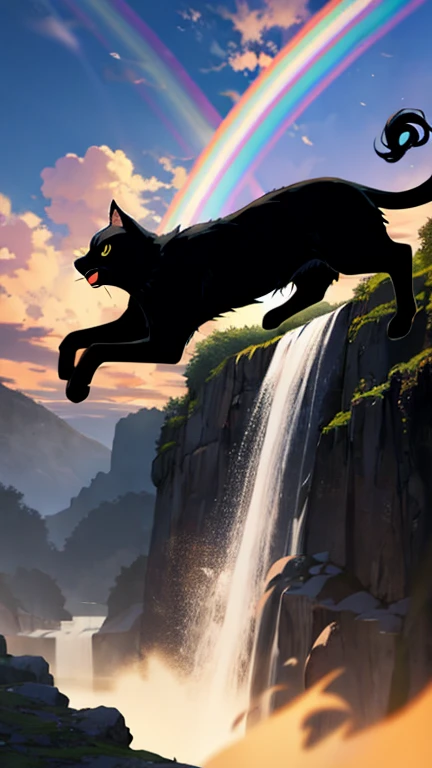 Black cat silhouette on a rainbow bridge, shimmering waterfalls, floating islands