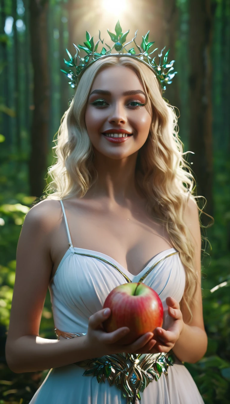 Close-up of an extremely beautiful girl, with a divine face, standing near an apple, in a brightly lit forest. The girl is very beautiful, dressed as a forest god, with bright, holy eyes, smiling, fair skin, high-end makeup, flowing blonde hair, wearing a platinum crown. Cinematic lighting, high detail, 8k, artstation, conceptual art, dark fantasy. Photo taken with Canon EOS R5 85mm f/11 Camera, ((sharp)) mode of people and surrounding scenery. Image quality ((8K)), ((lifelike)), ((masterpiece)), ((sharp and highest contrast)), ((great depth of field)), ((light stereolithography)). ((The sun shines on the girl's body, highlighting the beauty of a goddess)).