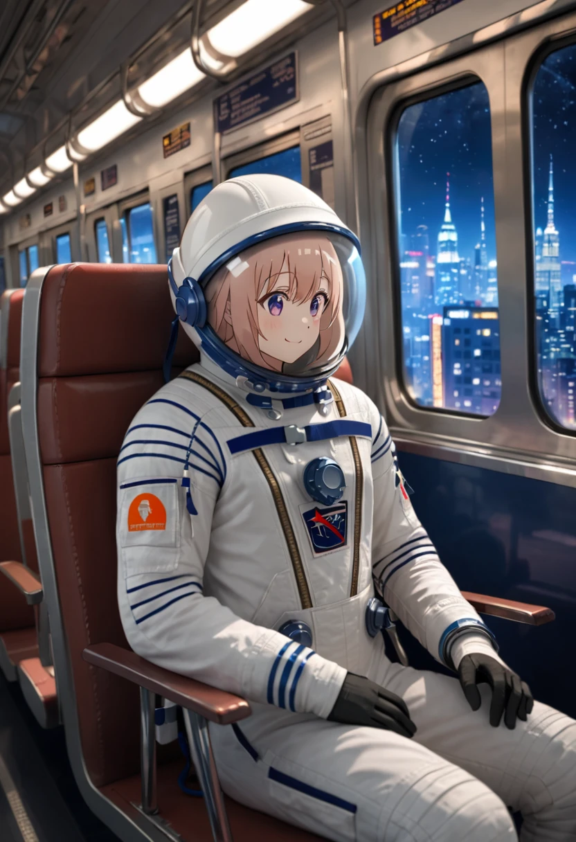 space helmet, (cinematic scene, sitting on a chair, train interior, , city view, night view: 1.5), space helmet, eva helmet, space suit, astronaut), smile bubble helmet, very detailed, speed helmet, bubble helmet, ,upper body, astronaut),eva helm, spacesuit , astronaut),girl, wearing a (spacesuit:1.15), white cargo pants, 