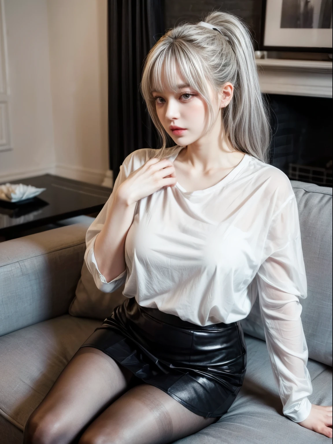 one fat woman! ray tracing, best shadow, high resolution (dim lighting) detailed background (living room) fluffy silver hair, , 불길한 living room에서 황금빛 눈을 피하는 높은 포니테일 (Girl in a white shirt, black pleated skirt, With black transparent pantyhose), Showing off a delicate, slim body and elegant curves, Correctly positioned and reasonable limbs! stand majestically, face details! delicate facial features, Pay attention to the location details of the legs! Pay attention to hand details! high quality! more suitable!