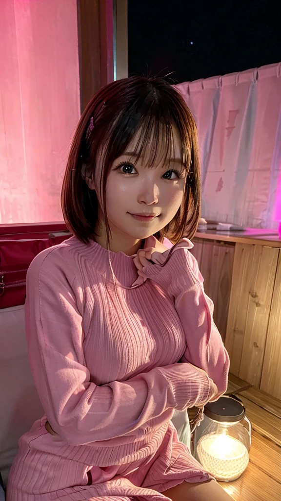 Pink girl at night in the house