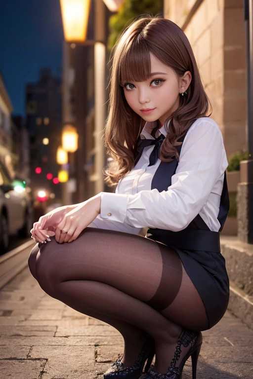 8K RAW Photos、High resolution、17-year-old daughter、Layered Hair、Formal Shirt、Formal Skirt、smile、Long eyelashes、Beautiful double eyelids、eye shadow、Beautiful slim legs、(super Realistic pantyhose:1.3)、short hair、In front of the station at night、Stairs at night、Squat、Please sit down、Luxury High Heels、(Intricate details:1.4),(Realistic:1.4),Octane Rendering, 複雑な 3D レンダリングのVery detailed, Soft studio light, Rim Light, Sharp details, Very detailed, Realistic skin texture, Surface Details, Beautiful eyes in every detail, Highly detailed CG Unity 8K wallpapers, Compensate, (Detailed Background:1.2),