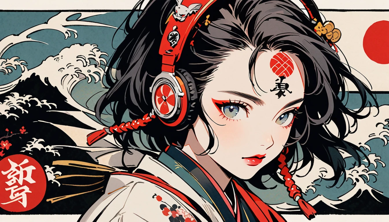 (((Ink Painting))), Fashion portrait color photos, (((1 girl))), (((Tattoo in the center of the forehead))), (((Very flashy hair accessories))), (((Very flashy makeup))), Japanese style headphones, devil, face close-up, front view, Japan人の美少女, Black Hair, Delicate and precise, Modern ukiyo-e style,Japan, Japanese flag
