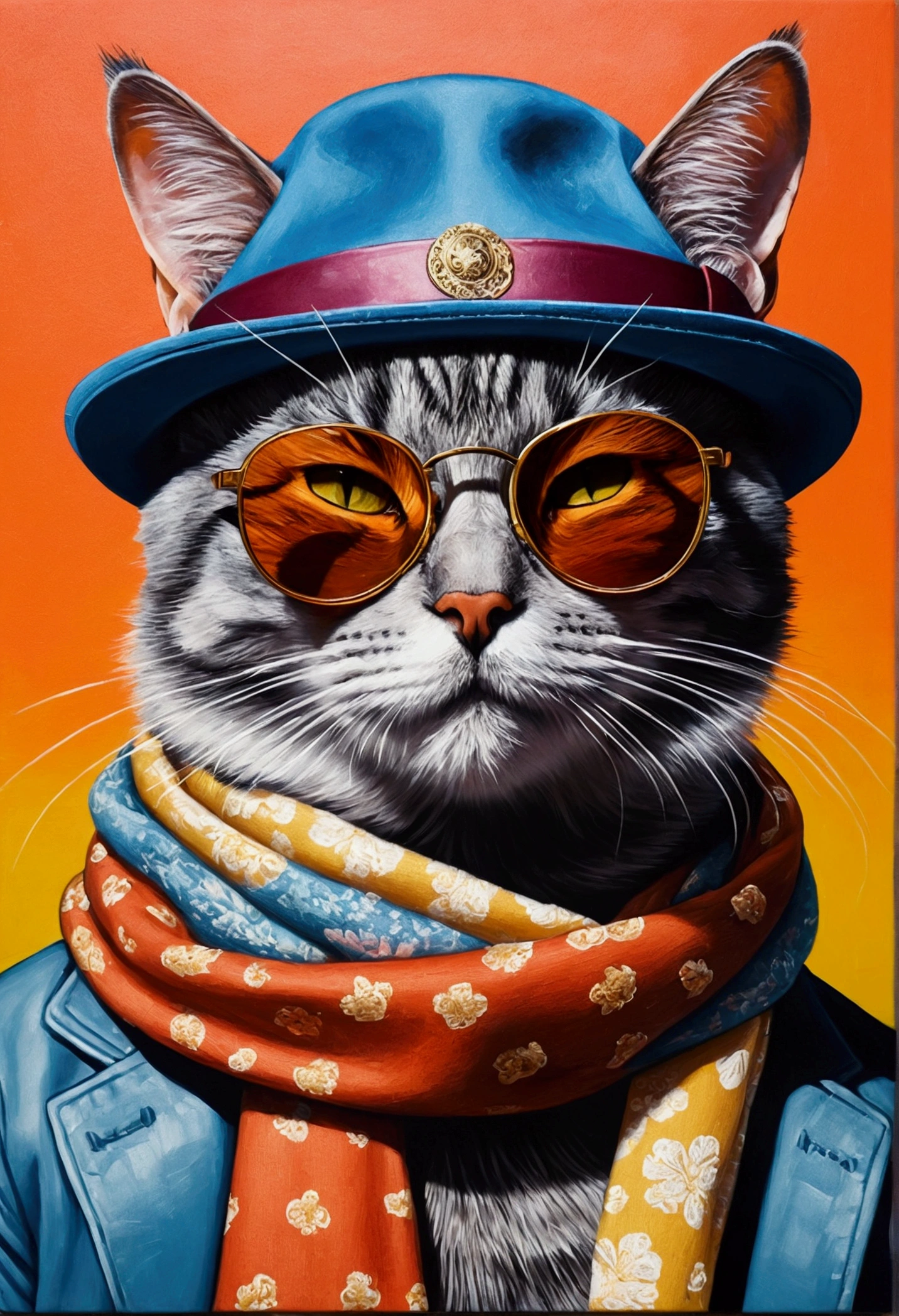 A painting of a cat with a hat and scarf and sunglasses, Trend Pop Art, facial focus, detailed, non-realistic rendering, British gang member, Streetstyle, intimidating pose, Planet of Cats, Highlight face , urban samurai, meow, Tiere