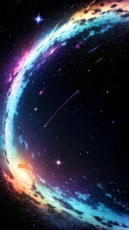 Cat shape amid swirling galaxy patterns, twinkling stars, cosmic dust
