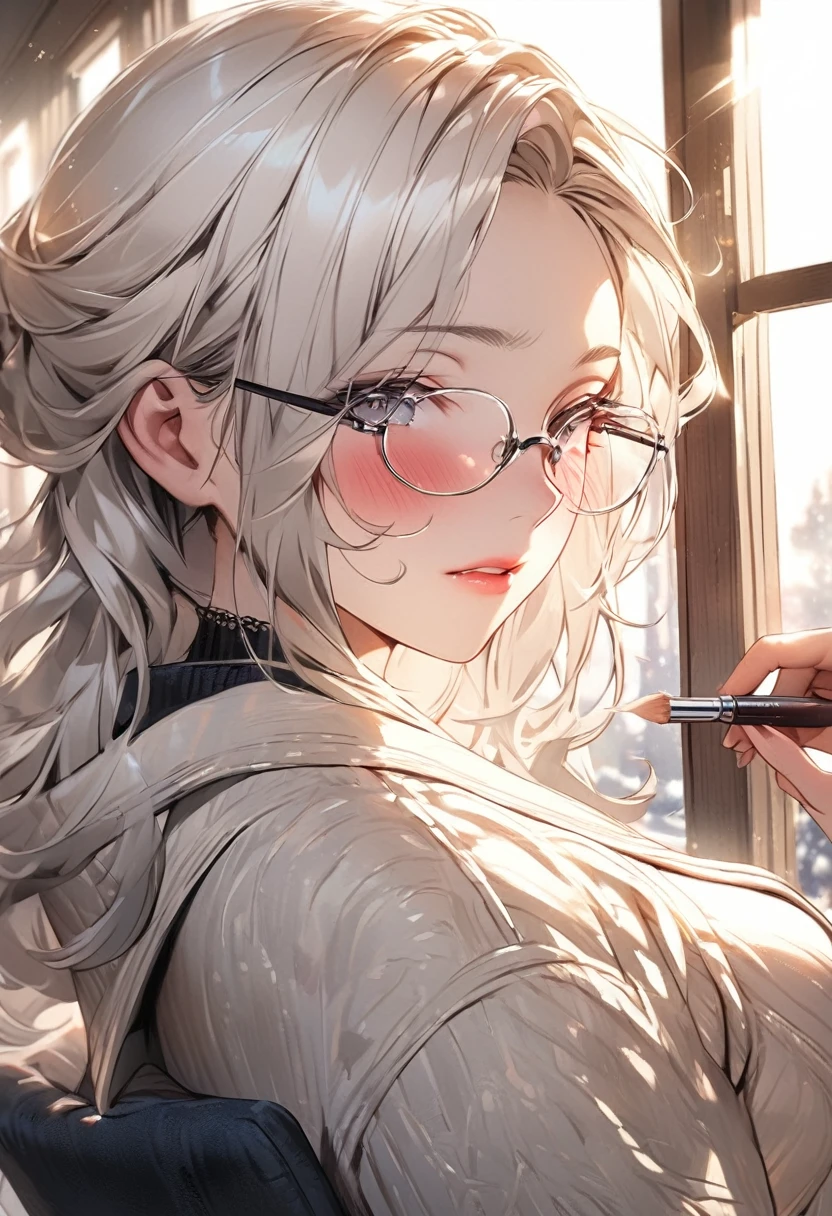 (Masterpiece, best quality, Sharp focus, Depth of field, best shadow, perfect fire, HDR, Realistic skin texture, The background is too detailed.), 1 woman, big breasts, white hair, Silver Eyes, (put on makeup , Apply primer., Apply foundation, Apply concealer, Eyebrow drawing, Apply eye shadow, Write eyeliner, blush, lip balm), Wear glasses, in the library, Cold expression, Turn sideways, next to the window, Light from the evening sun, Shining through the window