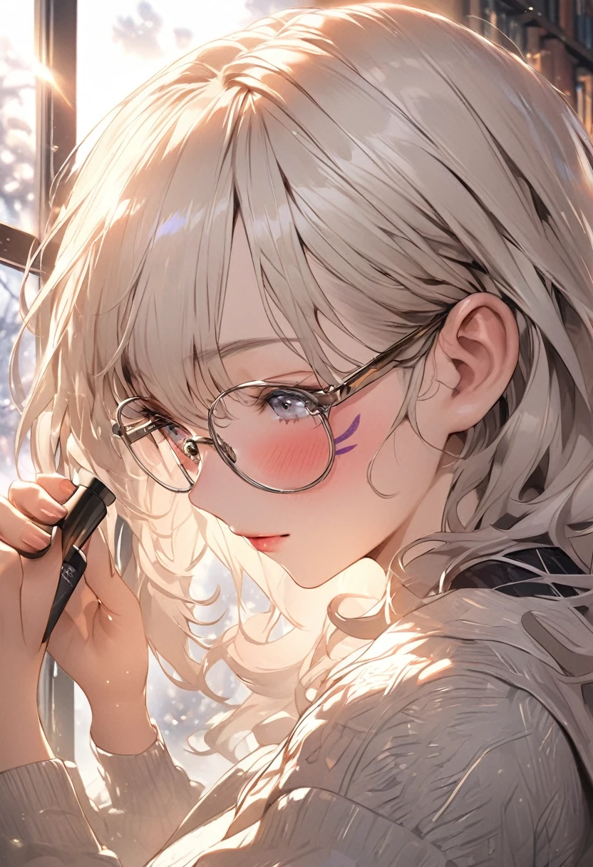 (Masterpiece, best quality, Sharp focus, depth of field, best shadow, perfect fire, HDR, Realistic skin texture, The background is too detailed.), 1 woman, big breasts, white hair, Silver Eyes,(put on makeup, Put on lipstick), Wear round glasses., in the classroom, Cold expression, smile a little, next to the window, The light from the evening sun shines on the window.