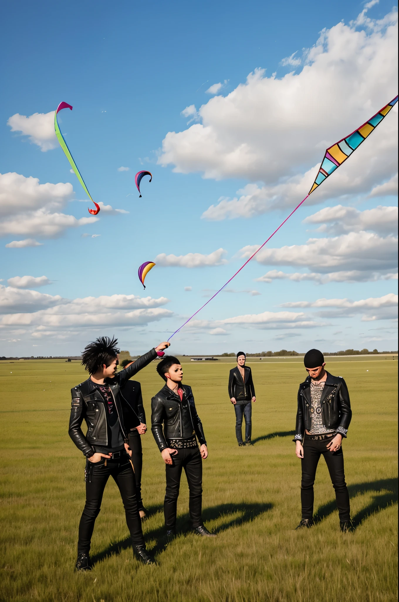 draw a group of punks flying a kite in an empty field