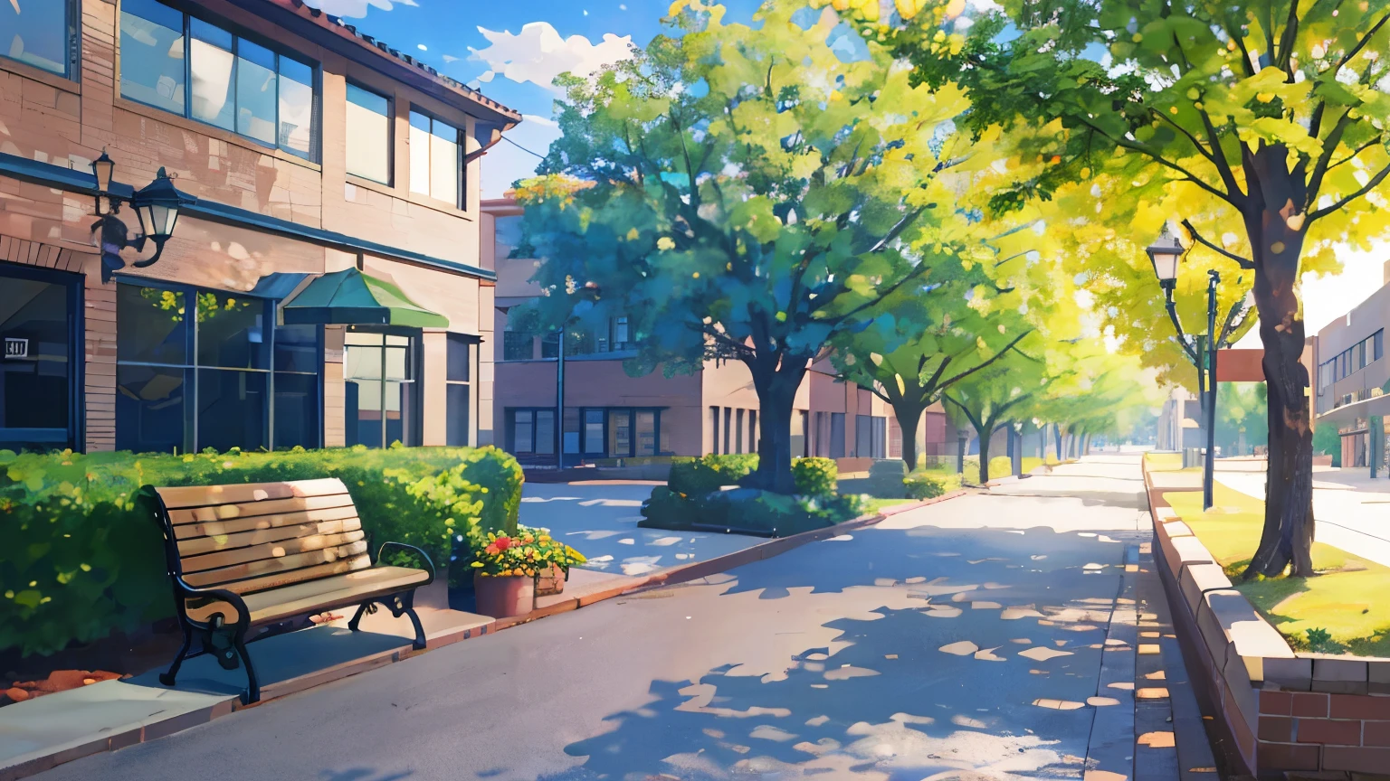 masterpiece,Best quality,Very detailed CG Unity 8k wallpaper,Scenes,School,Outside the library,Building,tree shade,bench