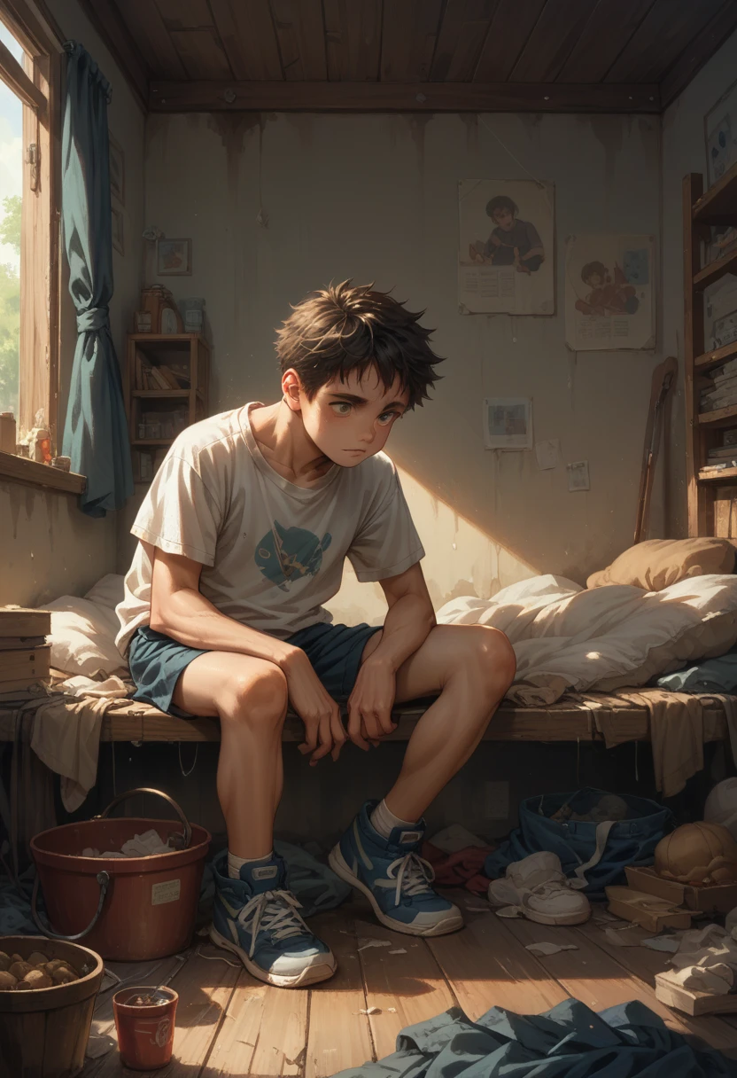 lofi, 90s, young man listening to music in his messy room