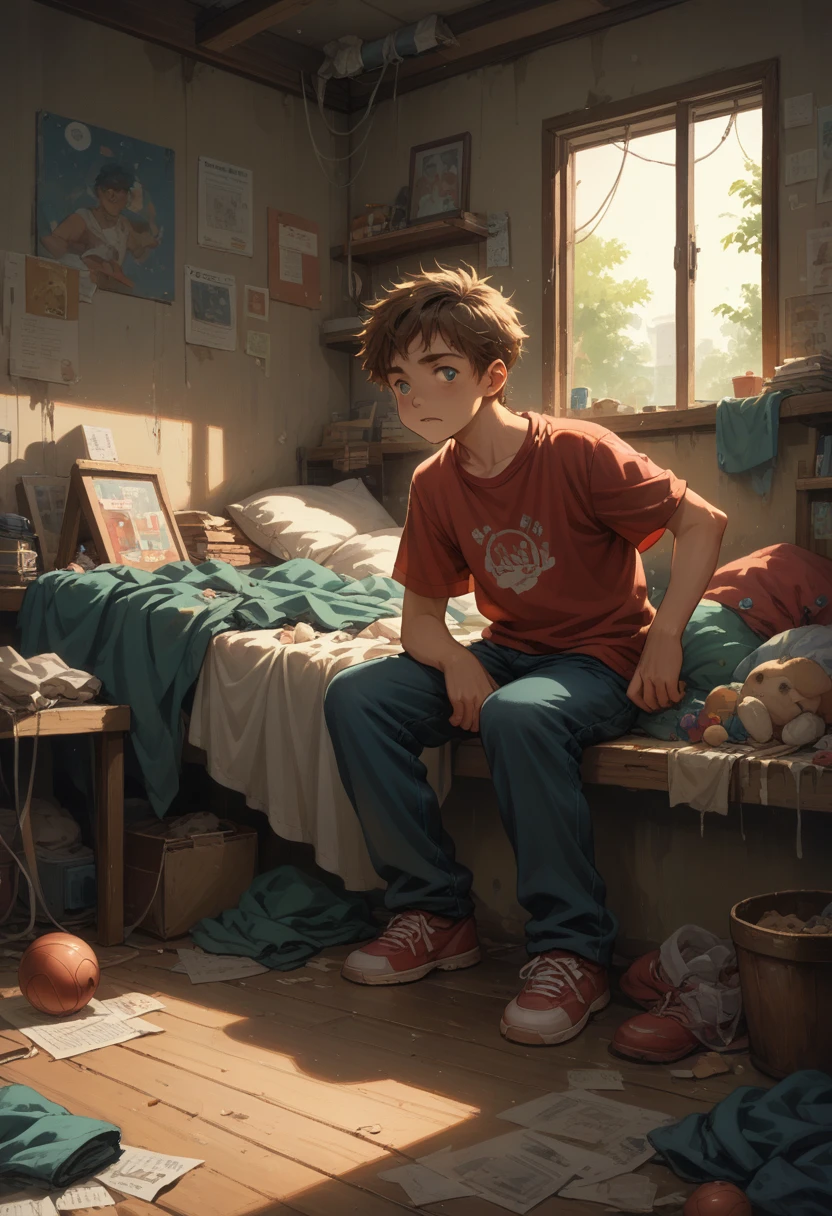 lofi, 90s, young man listening to music in his messy room