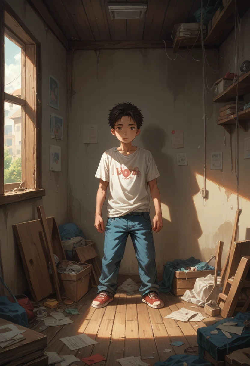lofi, 90s, young man listening to music in his messy room