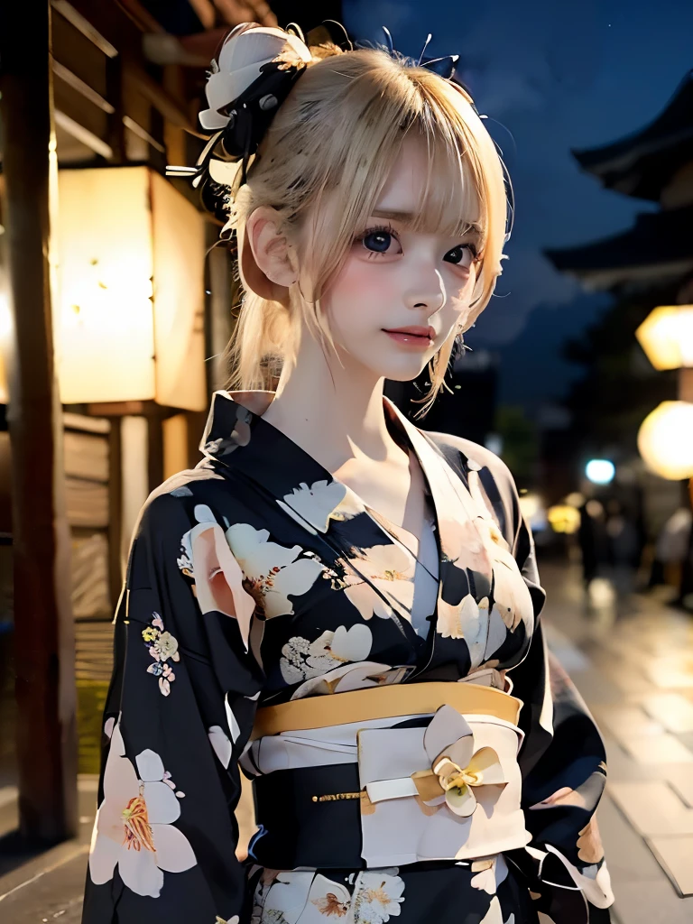 raw photo, 8k, (top-quality), Realistic, (real picture, Intricate details), (natural skin texture, detailed skin, hyper realism, sharpness), (pale skin:1.5), Japanese age girl walking in shopping street at night, (sexy floral black yukata:1.5), exposed cleavage, slender body, (blonde hair, bun hairstyle, blunt bangs), shy smile, night time