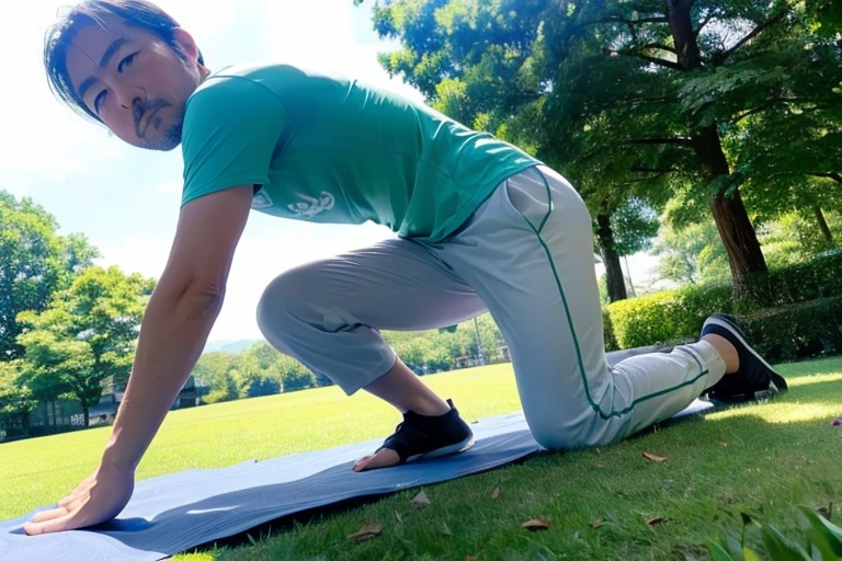 (Low angle shot), yoga, blue sky、Green Grass、Sportswear、yogaマット、Natural light, male, middle aged, (On all fours), (yossan)