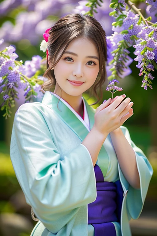 Photo-realistic quality、araffe woman in a kimono dress holding a flower in her hand,Wisteria flower、in kimono, wearing royal kimono, kimono, in a kimono, wearing kimono, wearing a kimono,  japanese kimono, Beautiful Japanese,  pale and coloured kimono, looking at the camera、Detailed and beautiful eyes、Cute smile、A soft and gentle look