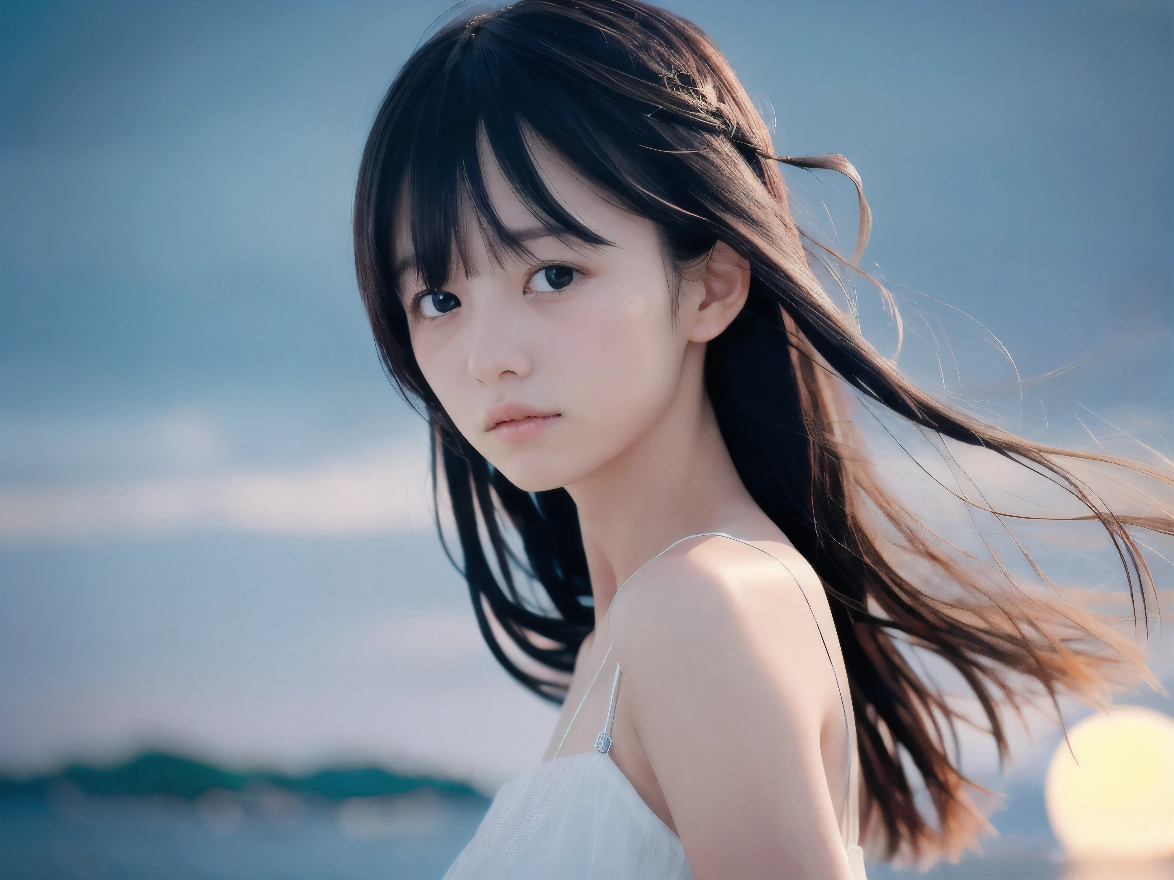 (Close up face shot of slender small-breasted two side up black medium hair with bangs girl wearing a white summer dress:1.5)、(One girl is turn around and crying face with tears at the cape of the sea in Japan:1.5)、(Beautiful full moon night on the sea:1.5)、(blurred background:1.5)、(8k ultra detailed master piece:1.5)、(perfect anatomy:1.5)、(Photorealistic stick:1.5)、(Raw photo:1.3)、(highest quality:1.5)、(High resolution:1.3)、(Delicate and beautiful perfect face:1.3)、(Delicate and beautiful eye air skin:1.3)、(Real Human Skin:1.3)、((thin legs))