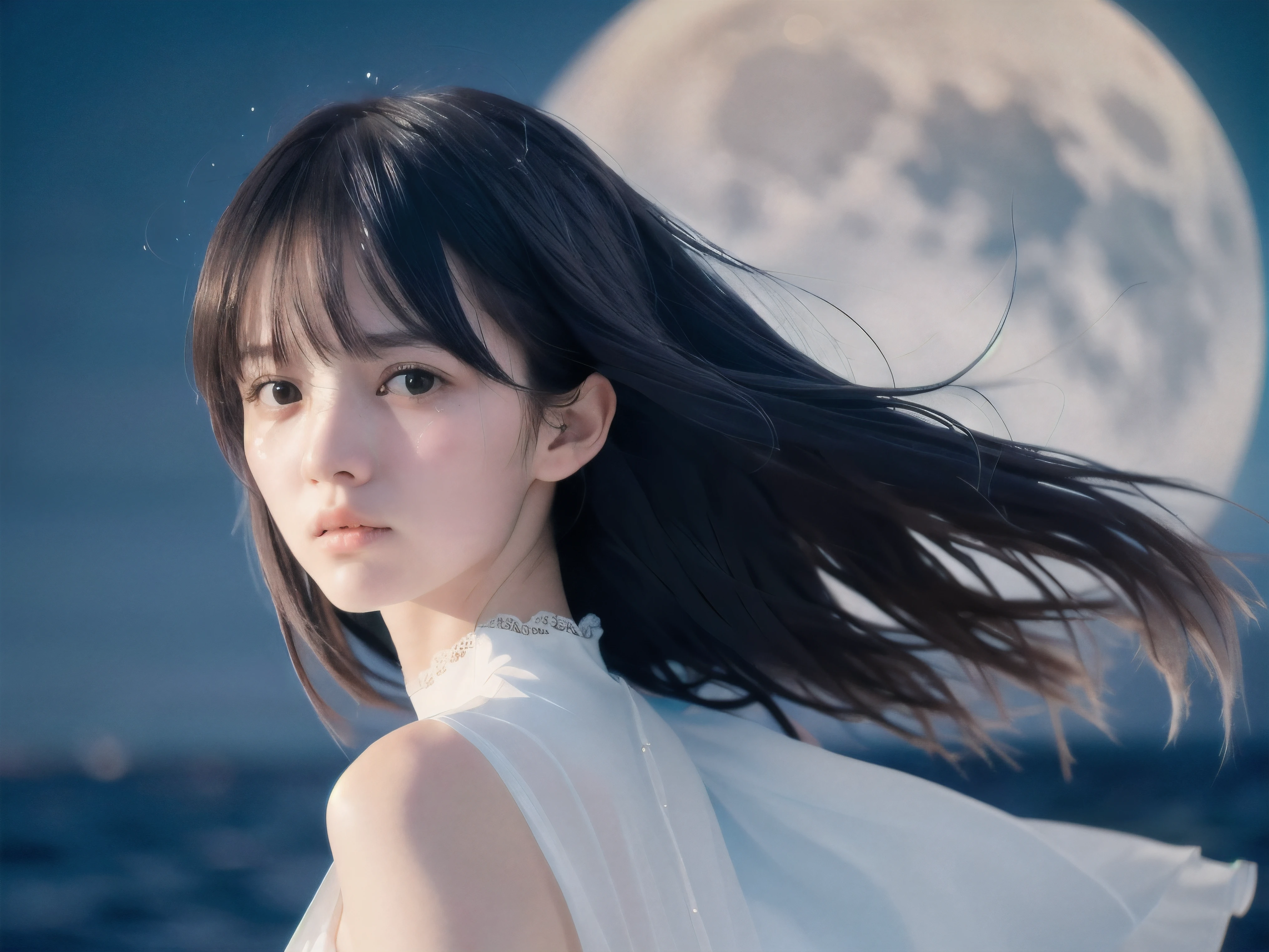 (Close up face shot of slender small-breasted two side up black medium hair with bangs girl wearing a white summer dress:1.5)、(One girl is turn around and big crying face with tears at the cape of the sea in Japan:1.5)、(Beautiful full moon night on the sea:1.5)、(blurred background:1.5)、(8k ultra detailed master piece:1.5)、(perfect anatomy:1.5)、(Photorealistic stick:1.5)、(Raw photo:1.3)、(highest quality:1.5)、(High resolution:1.3)、(Delicate and beautiful perfect face:1.3)、(Delicate and beautiful eye air skin:1.3)、(Real Human Skin:1.3)、((thin legs))