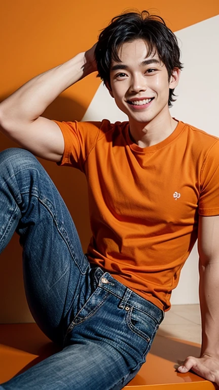 solo , 1man , thai man , orange shirt , black jeans , happy face