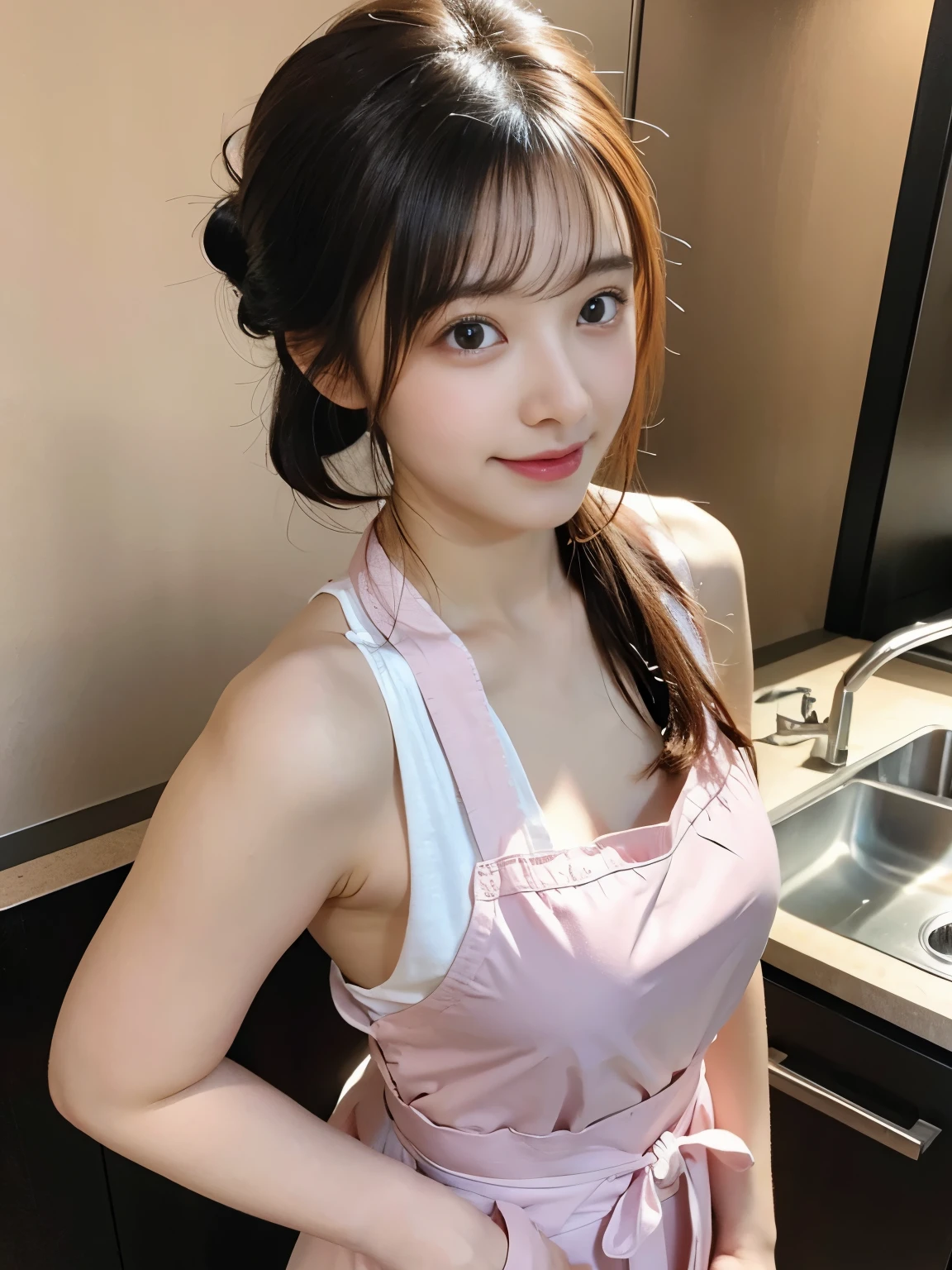 1 girl, A beautiful Japanese woman wearing a cute pink apron directly on her skin is standing in the kitchen, her side breasts are visible, wide open eyes, looking at viewer, (random hairstyles), (photorealistic:1.4), Best quality, 8k, Masterpiece, raw photo, (wide angle lens), Ultra-detailed face, Detailed eyes, (((nice hand, perfect hand)))