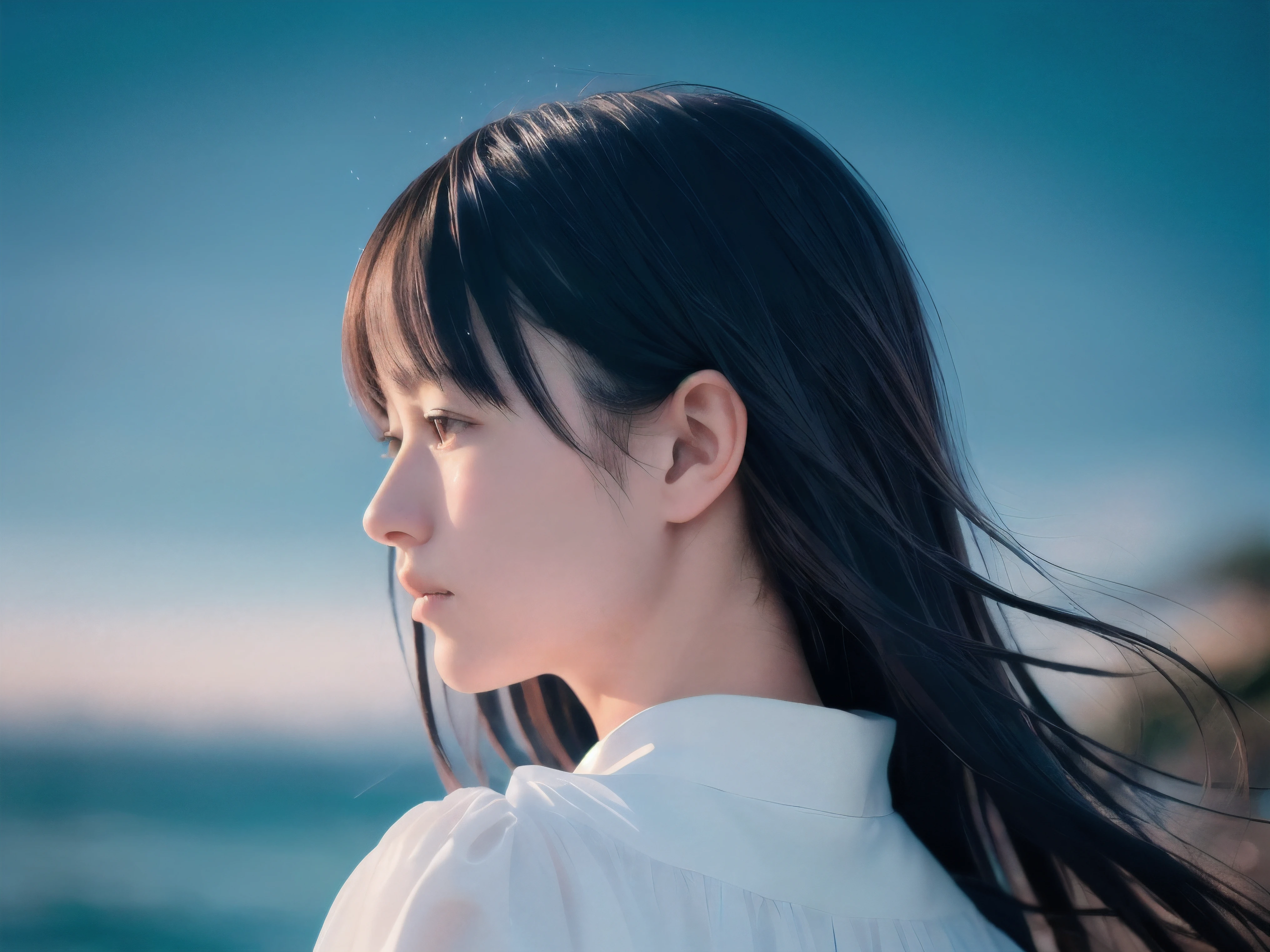 (Close up profile shot of slender small-breasted two side up black medium hair with bangs girl wearing a white summer dress:1.5)、(One girl is turn around and crying face with tears at the cape of the sea in Japan:1.5)、(Beautiful full moon night on the sea:1.5)、(blurred background:1.5)、(8k ultra detailed master piece:1.5)、(perfect anatomy:1.5)、(Photorealistic stick:1.5)、(Raw photo:1.3)、(highest quality:1.5)、(High resolution:1.3)、(Delicate and beautiful perfect face:1.3)、(Delicate and beautiful eye air skin:1.3)、(Real Human Skin:1.3)、((thin legs))