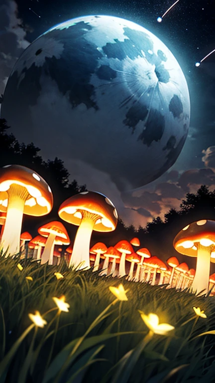 Feline outline in a field of luminous mushrooms, firefly trails, misty moonlight