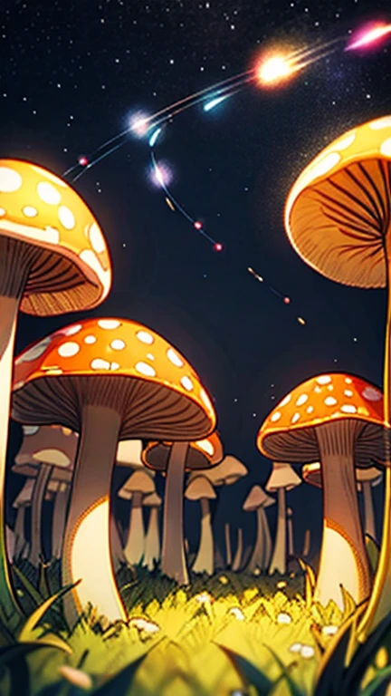 Feline outline in a field of luminous mushrooms, firefly trails, misty moonlight