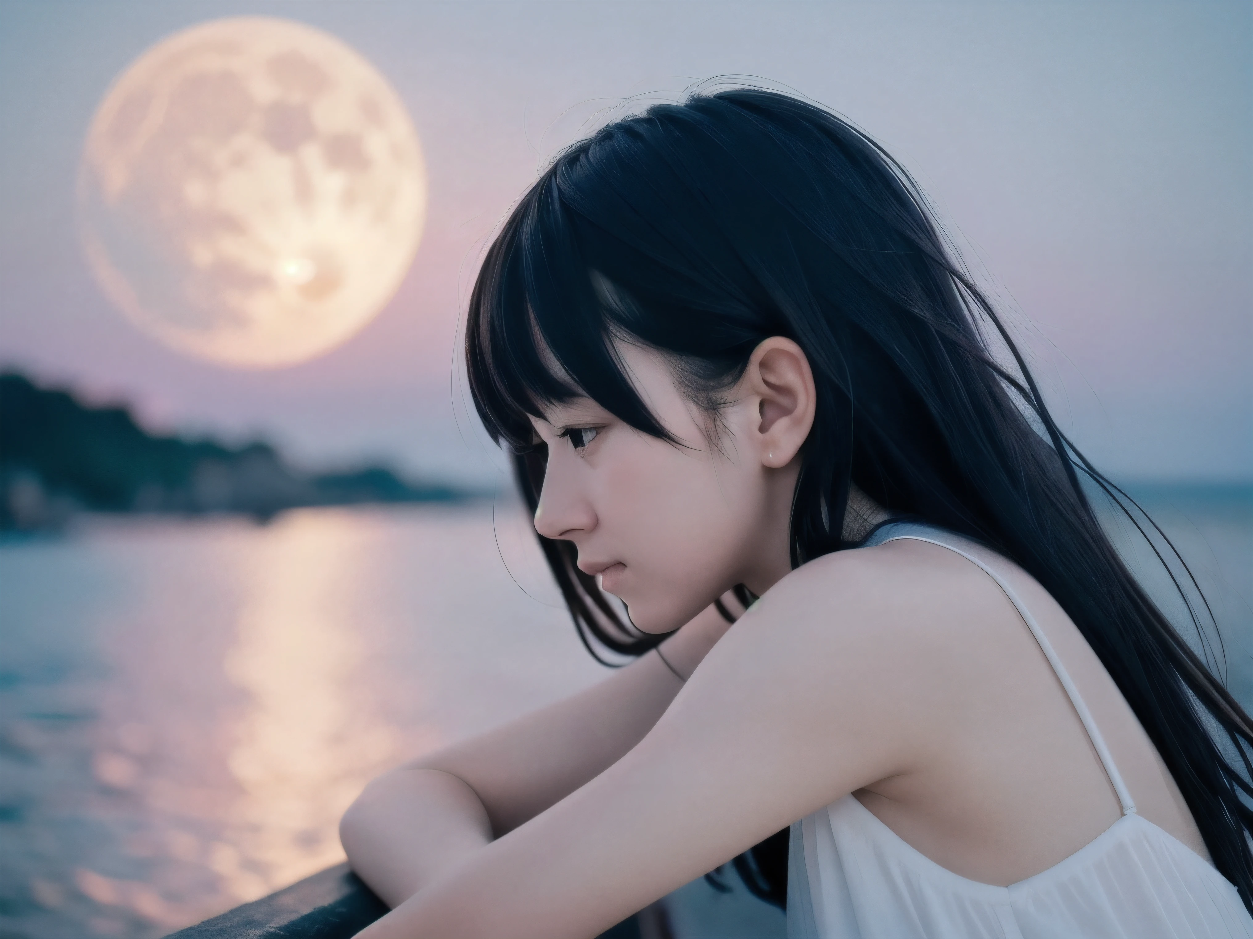 (Close up profile shot of slender small-breasted two side up black medium hair with bangs girl wearing a white summer dress:1.5)、(One girl is turn around and big crying face with tears at the cape of the sea in Japan:1.5)、(Beautiful full moon night on the sea:1.5)、(blurred background:1.5)、(8k ultra detailed master piece:1.5)、(perfect anatomy:1.5)、(Photorealistic stick:1.5)、(Raw photo:1.3)、(highest quality:1.5)、(High resolution:1.3)、(Delicate and beautiful perfect face:1.3)、(Delicate and beautiful eye air skin:1.3)、(Real Human Skin:1.3)、((thin legs))