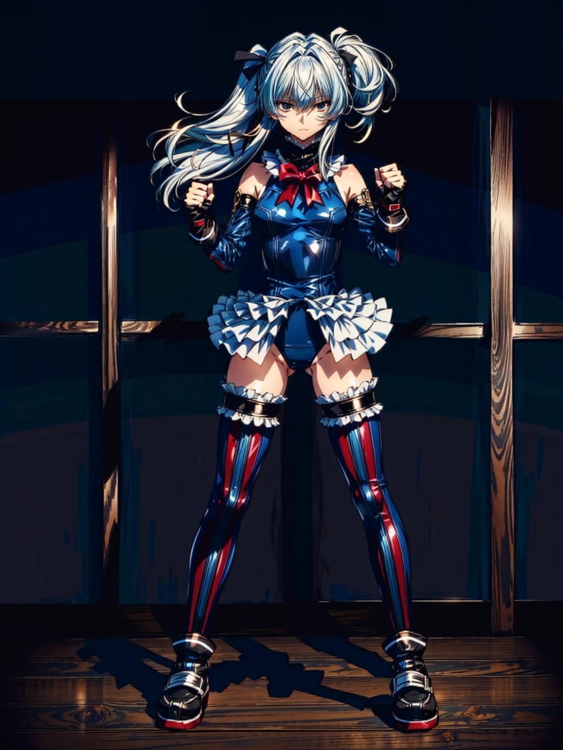 Masterpiece, Very detailed, Highest quality, Sharp focus, 12k, ultra hi resolution picture, big ,12k,Perfect Anatomy, Highest quality,,(Emotionless:1.2)
,Anime Style,(frilled swimsuit,thighhighs,detached sleeves), (Anime Style:1.4) ,
,(White fingers:1.1,Black gloves),
(Inside the fighting :1.2),,(full body:1.3),
