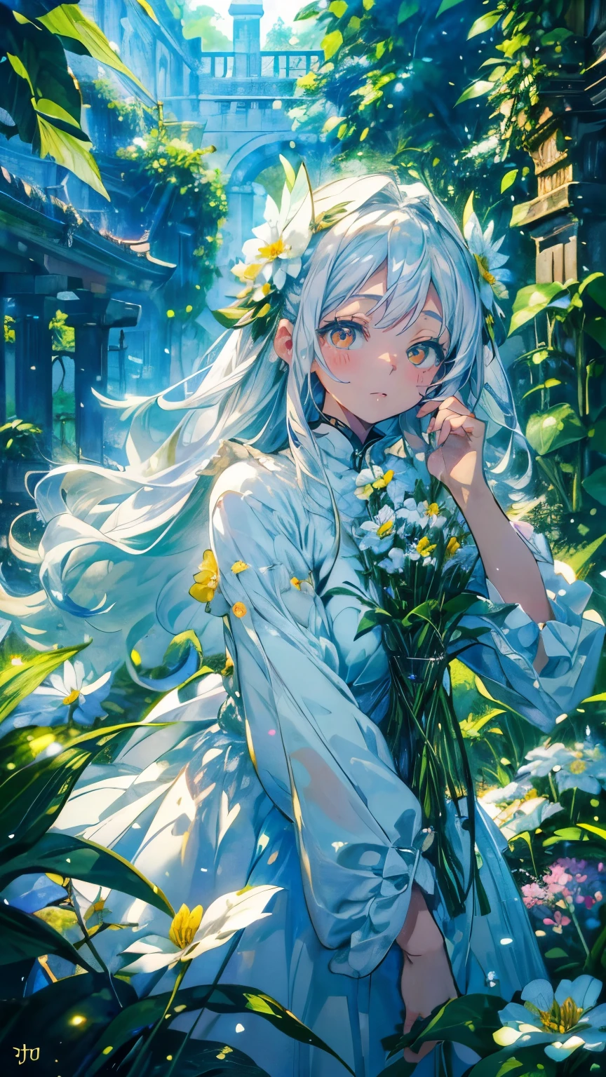 (Mastepiece), (Best Quality), Very detailed, 1 girl, (Solo Shooting:1.4), Perfect Face, beautiful girl, Very detailedな顔,(Long white hair:1.5),(Green Eyes:1.4),(White Dress:1.4)、(Lots of butterflies々:1.2)、bird、(ruins、Plants、flower:1.4)、(たくさんのflowerびら:1.3)、Fairy、mysterious、Fantasy、beautiful、beautiful、(Close your eyes and laugh:1.3)、(Happy Face:1.4)、A big smile