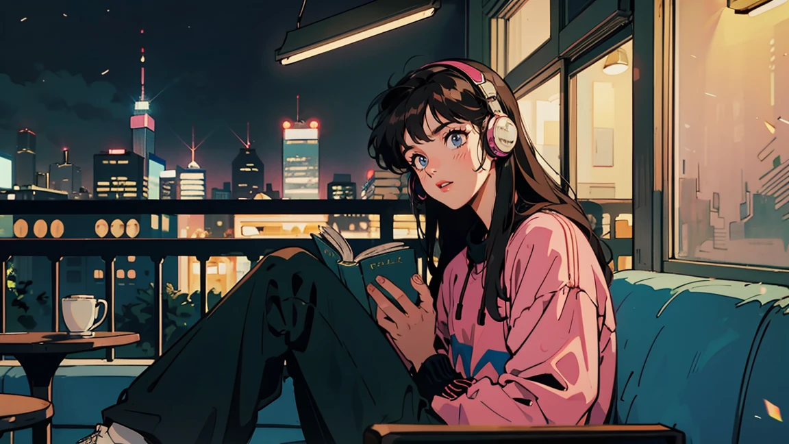 best qualityer, 8k, 1990s style,2010s hairstyles, 21 years old, Bblack hair, long hair, lightbrown eyes, city pop, pants ,night vision, Wearing Headphones,reading a book, all-body, Relax Cafe,tabletop,CONFECTION,Staring at me, cat black