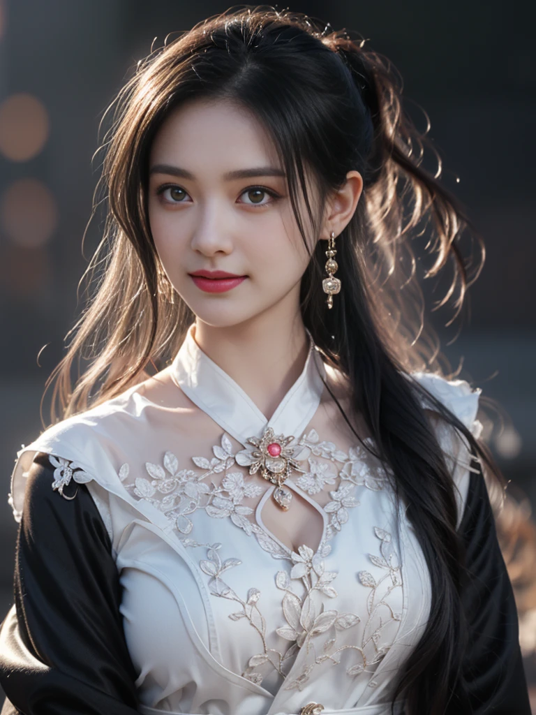 1 beautiful girl in Hanfu costume, ((thin black and white silk shirt with many patterns)), white lace shirt, long platinum purple ponytail. Hair, Jewelry, earrings, thin black silk scarf, carefully drawn big purple eyes, careful makeup, thin eyebrows, high nose, beautiful red lips, cheerful smile, pursed lips, rosy cheeks, wide chest, big chest, shapely chest, slim waist, shapely buttocks, purple mesh stockings, Chinese hanfu style, fictional art texture, many bright and realistic colors, RAW Photos, Realistic Photos , ultra high quality 8k surreal photo, (effective fantasy lighting effect: 1.8), 10 x pixels, magic effect (Background): 1.8), super detailed eyes, full body portrait of girl, vineyard, dynamic, pose