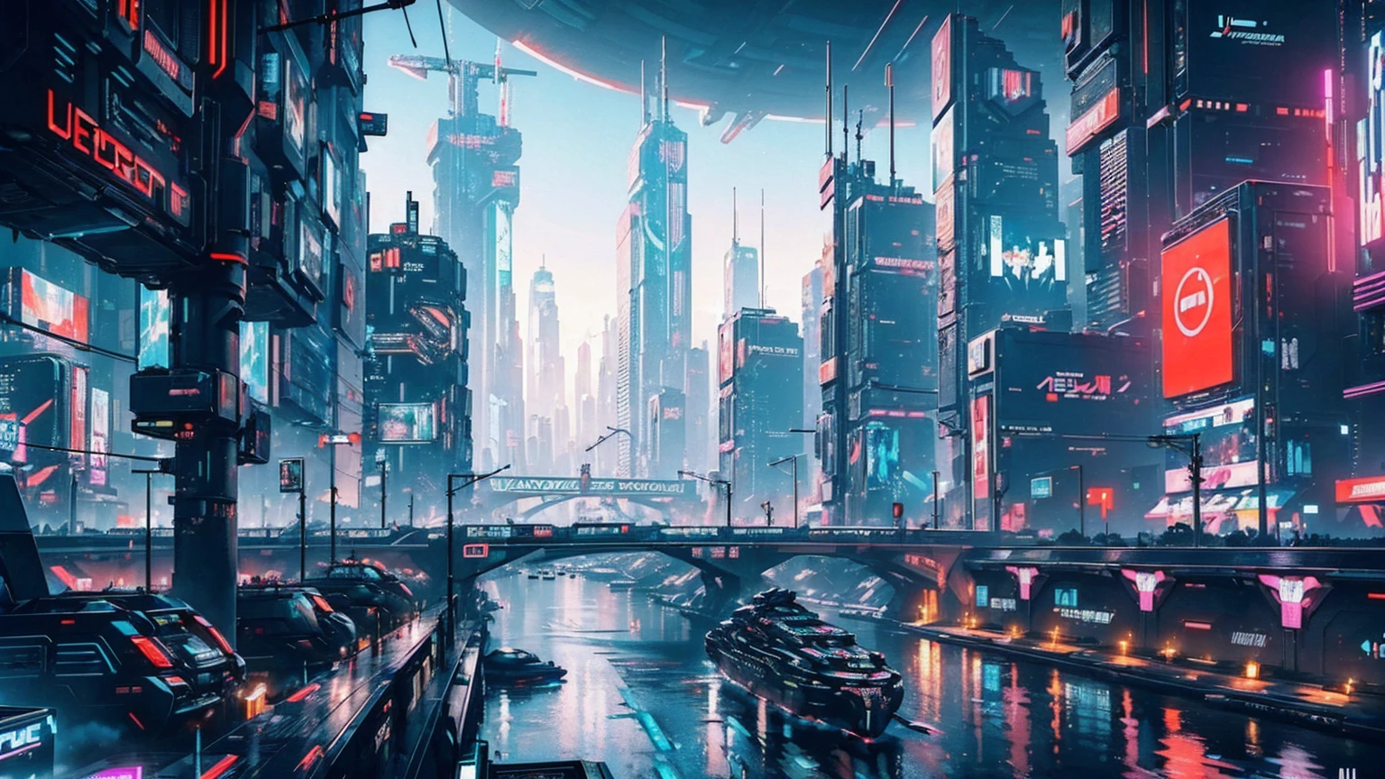 ((The Future of Cyberpunk)), Image of a cyberpunk city center, Surrounded by buildings、There is a river in the center, Ferries in the city, Yellow Ferry, Crossing the city, Advertising billboards everywhere, Retro-future