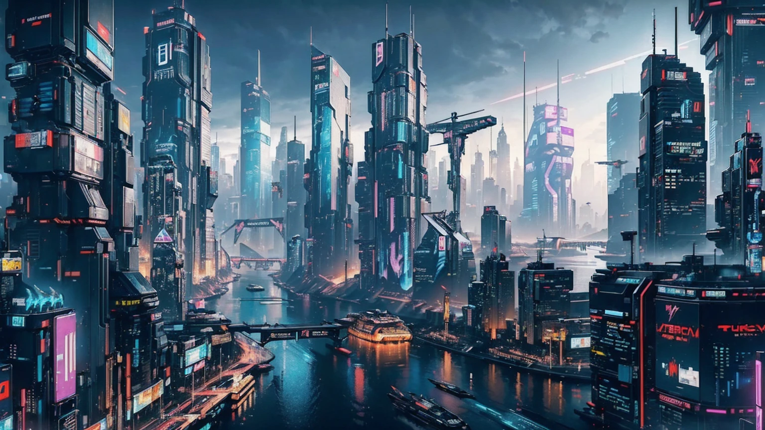 ((The Future of Cyberpunk)), Image of a cyberpunk city center, Surrounded by buildings、There is a river in the center, Ferries in the city, Yellow Ferry, Crossing the city, Advertising billboards everywhere, Retro-future