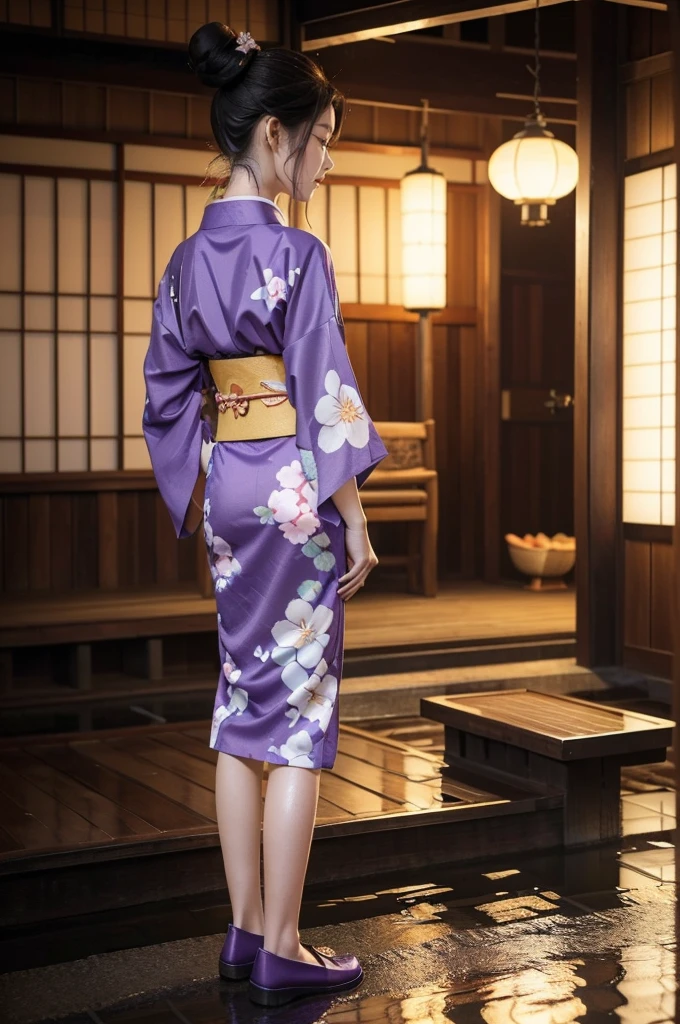 (((best quality))),(((ultra detailed))),(((masterpiece))),illustration,((1 beautiful Japannese girl,solo)),(neat bun:1.2),((slim,thin)),((small breasts,flat chest)),(in izakaya:1.3),(summer:1.2),(rainy:1.3),(indoor:1.2),(night scene:1.3),(wet:1.3),(collar:1.2),(purple floral kimono:1.3),porcelain skin,(slender legs:1.2),(loafers:1.2),rouge,dimly lit,warm glow,ethereal,(standing:1.3),(hands behind back:1.3),sake bottle,half-empty glass,tray,grilled fish,steamed vegetables,half-eaten,melancholic smile,storm,solitude,enigmatic aura,tranquility,chaos,simplicity,mysterious,captivating,((from front,full body))