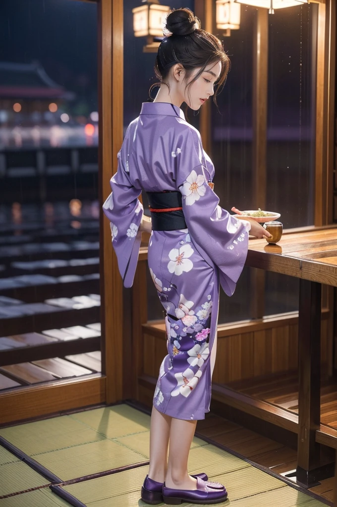 (((best quality))),(((ultra detailed))),(((masterpiece))),illustration,((1 beautiful Japannese girl,solo)),(neat bun:1.2),((slim,thin)),((small breasts,flat chest)),(in izakaya:1.3),(summer:1.2),(rainy:1.3),(indoor:1.2),(night scene:1.3),(wet:1.3),(collar:1.2),(purple floral kimono:1.3),porcelain skin,(slender legs:1.2),(loafers:1.2),rouge,dimly lit,warm glow,ethereal,(standing:1.3),(hands behind back:1.3),sake bottle,half-empty glass,tray,grilled fish,steamed vegetables,half-eaten,melancholic smile,storm,solitude,enigmatic aura,tranquility,chaos,simplicity,mysterious,captivating,((from front,full body))