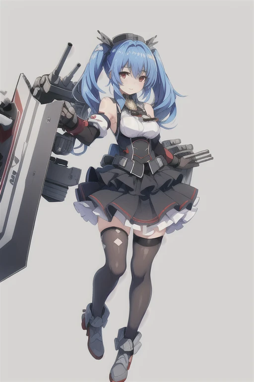 prinz eugen \(warship girls r\),(((Best quality))), ((Ultra-detailed)), ((illustration)), ((Disheveled hair)), ((frilld)), (1 girl),(Solo),,bare shoulders, blue hair, cannon, clothing, cross, detached sleeves, female, fingerless gloves, gloves, hair ornament, haluka (aixioo), iron cross, kriegsmarine, lingerie, long hair, microskirt, military, pantsu, red eyes, rigging, skirt, thighhighs, underwear,