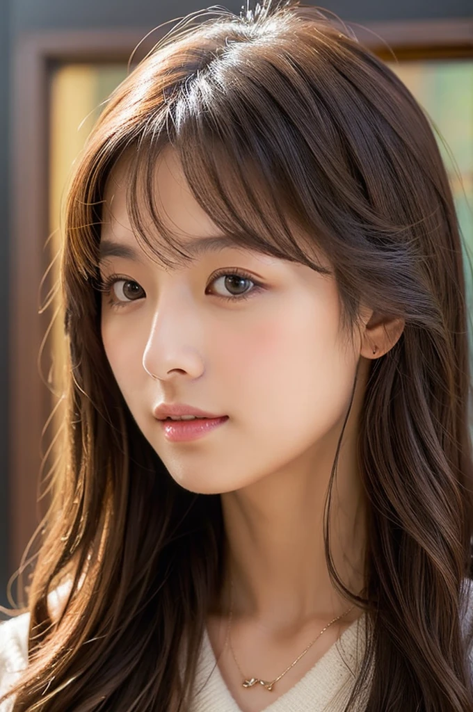 Portrait of a young woman with long wavy brown hair, wearing a plaid dress and a black turtleneck sweater. She has large, expressive eyes and light makeup. The background is a plain light color. The photo is taken from a close-up angle, focusing on her face. The lighting is soft and natural, giving a warm and friendly atmosphere. She is wearing a delicate necklace with a small pendant.