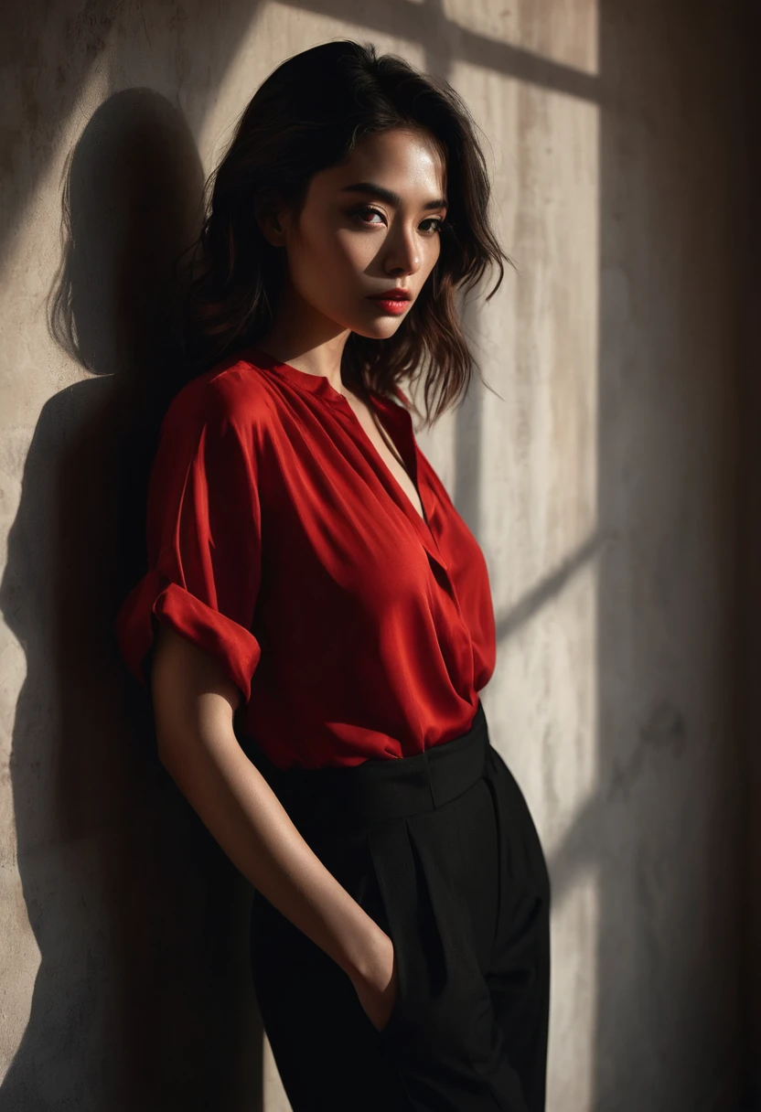 woman bathed in soft light, leaning against a wall, looking into the camera in a moment of raw emotion. Her attire is minimal, accentuating her beauty with the dramatic shadows cast by the lighting. The background is stark, with sharp contrasts highlighting the contours of her form. The red and black palette intensifies the mood, evoking a sense of mystery and allure. Subtle film grain and meticulous shading add depth and texture, emphasizing the emotional gravity of the scene. The lighting creates a chiaroscuro effect, accentuating her expressive pose and the intense atmosphere.
