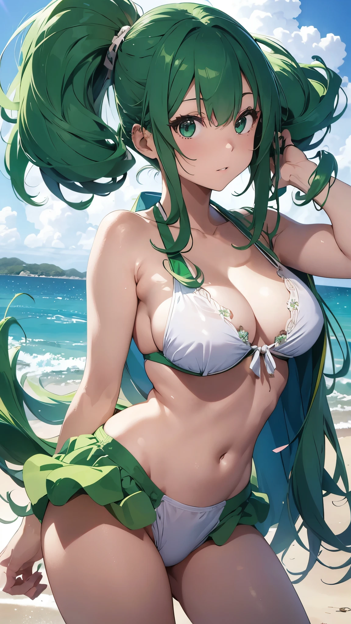 4K,8k,Green haired girl drawn in high resolution Japanese anime style、whole body、Women in white bikinis taking photos on a deserted beach, Bikini Model, , Young and cute gravure idol, Posing together in a bra, Russian and Japanese mix, sakimichan, Asian woman, Wear a swimsuit, that'that'that'that'that'that'that'that'that'that'that'that'that'that'that'that'that'that'that'that'that'that'that'that'It's hot with the shining sun, Japanese Model, Cute Core, sakimichan hdri, Young Gravure Idol, Chubby