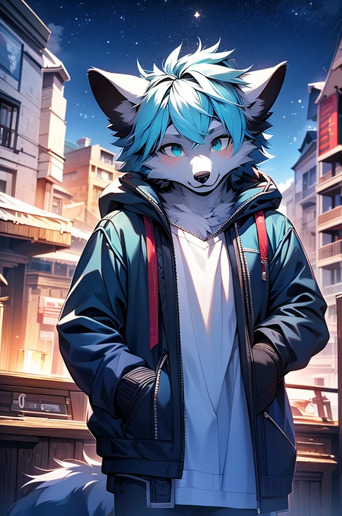 8k, Super Detail, precise, best quality,Seventeen--old ewolf,Cyan hair,Wearing an indigo sweatshirt,Rich plush texture,Fluffy hair,Realistic style,The sky is full of stars,night,Detailed background