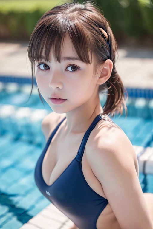 ((Upper body nude)）((Upper body nude)）one girl, (a beauty girl, delicate girl:1.3), (12 years old:1.3), break, (Navy school swimsuit:1.3), break, Very detailedな明瞭さ, (Symmetrical eyes:1.3), break, (School swimming pool, Outdoor:1.3), break, Small breasts、 Brown eyes, Twin tails、 Brown Hair, girl, break, (Eye and facial details:1.0), break, (masterpiece, Highest quality, Very detailed, Detailed face, 8k)