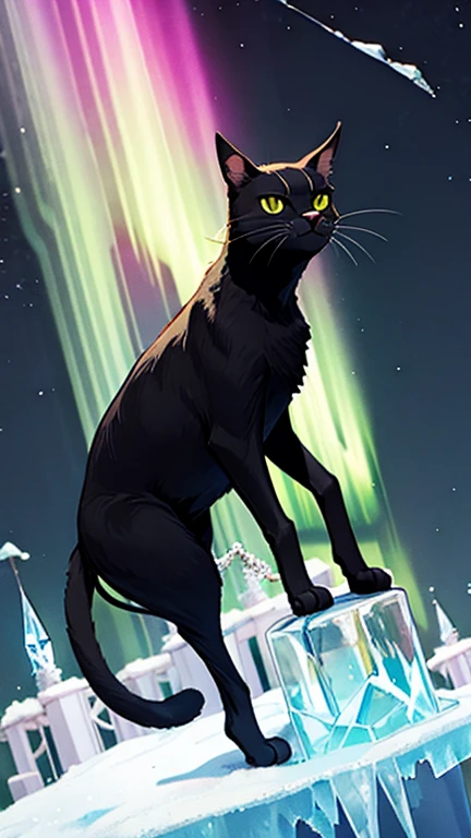 Dark cat figure on a floating ice castle, northern lights, glistening icicles