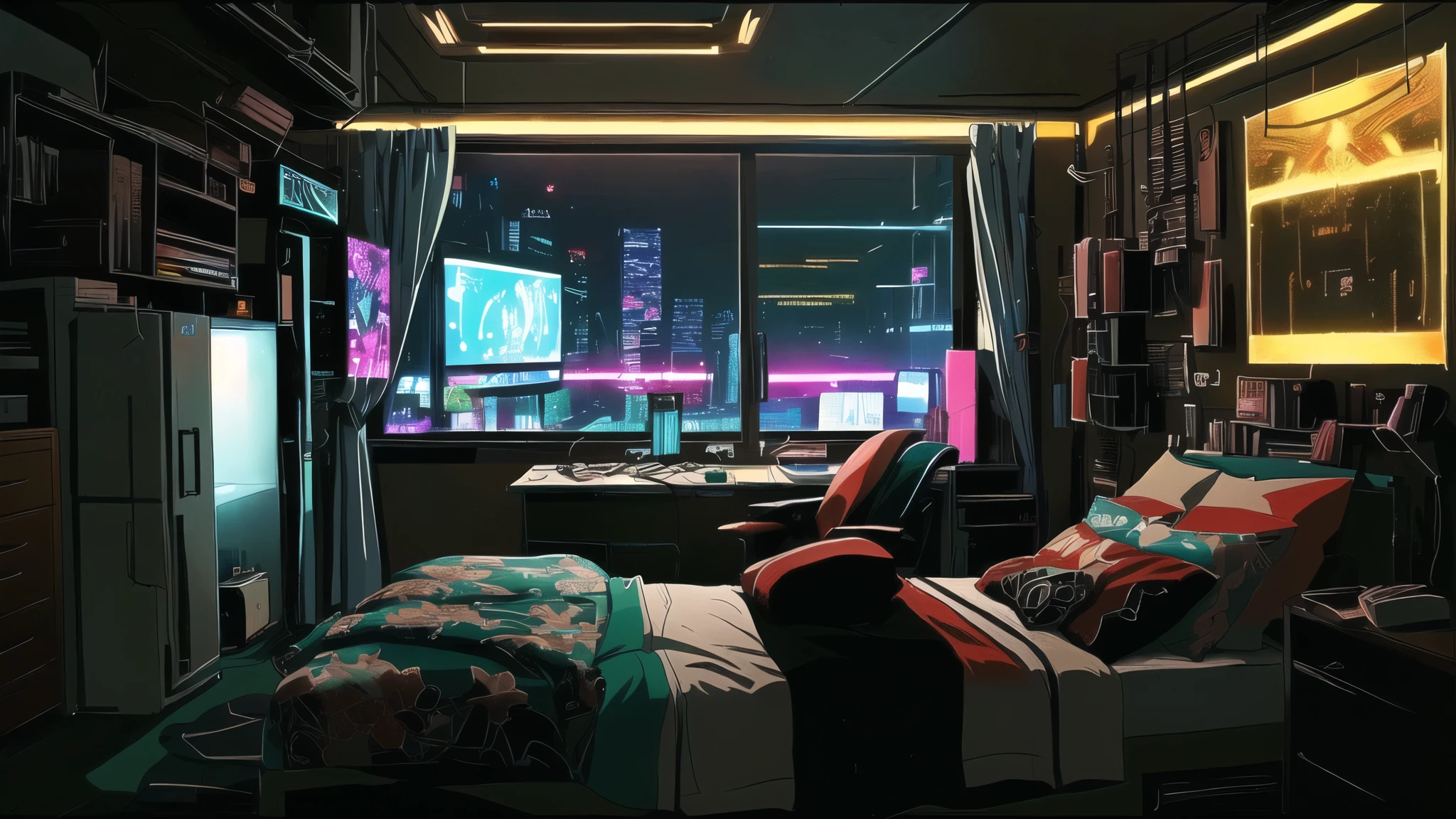 anime room bed neon cyberpunk