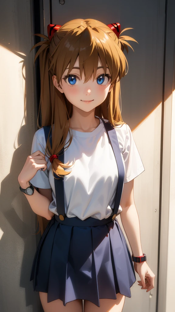 asukalangley, asuka langley soryu, (souryuu asuka langley:1.2), long hair, bangs, blue eyes, brown hair, hair ornament,
BREAK skirt, shirt, ribbon, , white shirt, short sleeves, blue skirt, suspenders, watch, suspender skirt, wristwatch, tokyo-3 middle ,
indoor,(((shadow)))
BREAK looking at viewer, (cowboy shot:1.5),,smile,
