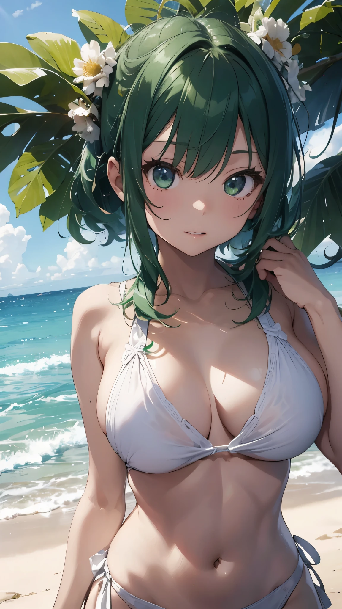 4K,8k,Green haired girl drawn in high resolution Japanese anime style、whole body、Women in white bikinis taking photos on a deserted beach, Bikini Model, , Young and cute gravure idol, Posing together in a bra, Russian and Japanese mix, sakimichan, Asian woman, Wear a swimsuit, that'that'that'that'that'that'that'that'that'that'that'that'that'that'that'that'that'that'that'that'that'that'that'that'It's hot with the shining sun, Japanese Model, Cute Core, sakimichan hdri, Young Gravure Idol, Chubby