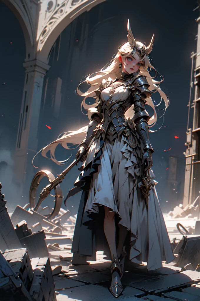 ((Highest quality)), ((masterpiece)), (detailed), Perfect Face ((Highest quality)), ((masterpiece)), (detailed), , Inspired by Bloodborne, occult aesthetic, occult, detailed and intricate steampunk and detailed gothic, Browsing Caution, Very dramatic and cinematic lighting, Space horror, dark, Side light, Perfect Face, Valkyries, the beautiful goddesses worshipped in armor, Inspired by Bloodborne valkyrie, occult aesthetic valkyrie, occult valkyrie, detailed and intricate steampunk and detailed gothic valkyrie, Brandishing a sword、Hold a shield, Browsing Caution, Fluttering lace flared long Knee length dresses with frilly petticoats, Knee length dresses, Pleated petticoat, Lolita Dress, Petticoat Gothic Lolita, Side light, Gothic Lolita Aesthetics, beautiful Small breasts, Small breasts, Full body, whole body, Background of burning ruins、 Browsing Caution, Full body, whole body, Head to Toe