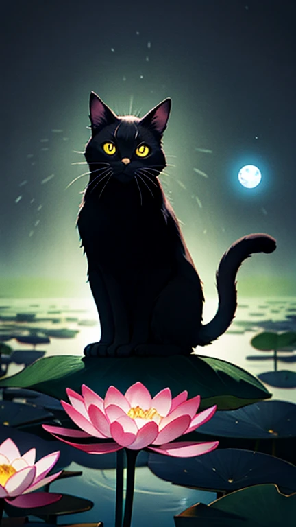 Shadowy cat perched on a giant lotus flower, bioluminescent pond, floating spirit orbs