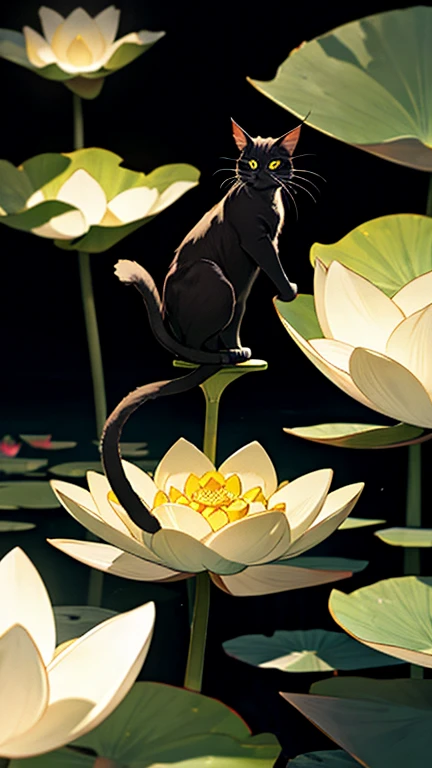 Shadowy cat perched on a giant lotus flower, bioluminescent pond, floating spirit orbs