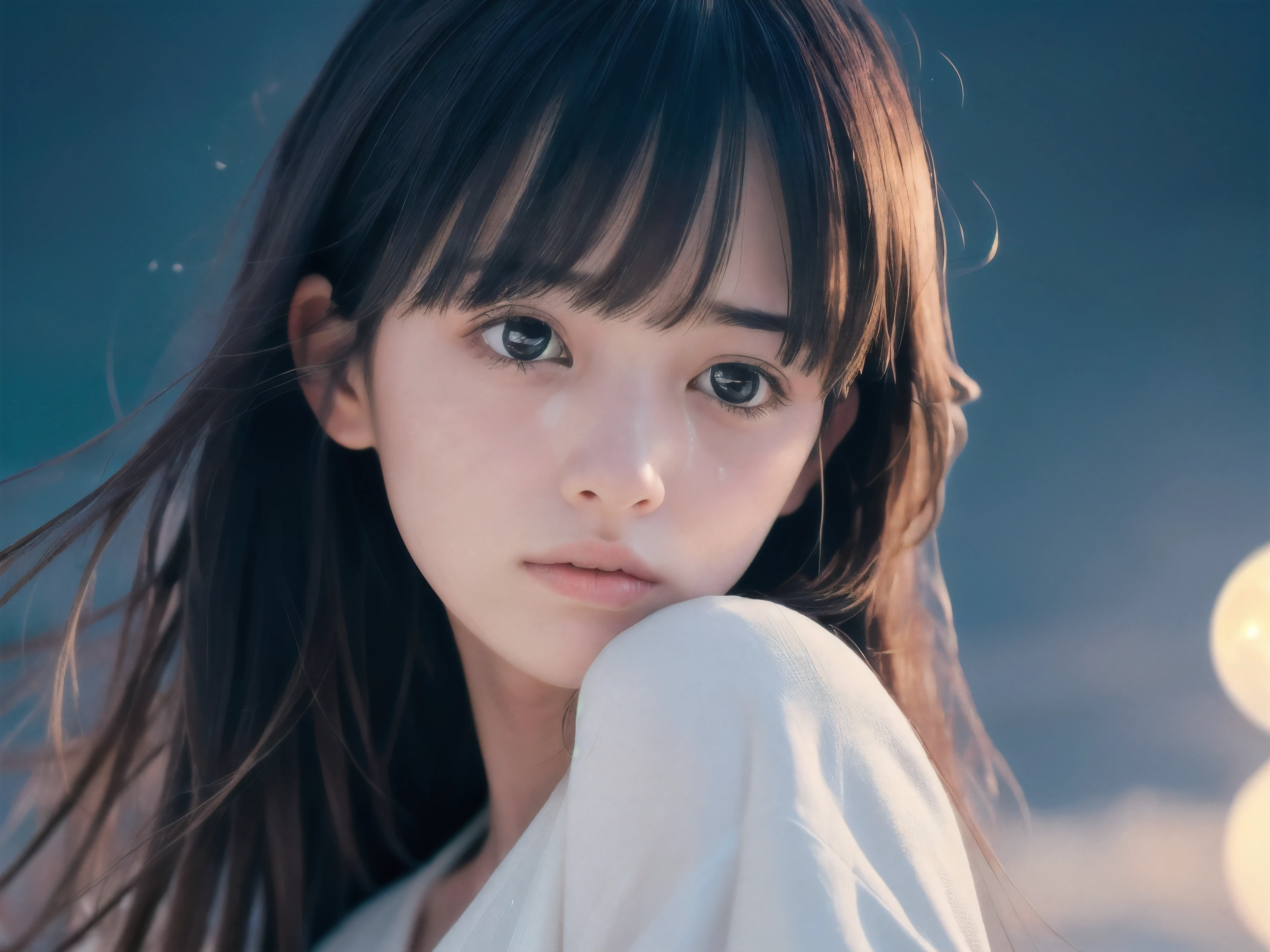 (Close up profile shot of slender small-breasted two side up black medium hair with bangs girl wearing a white summer dress:1.5)、(One girl is turn around and big crying face with tears at the cape of the sea in Japan:1.5)、(Beautiful full moon night on the sea:1.5)、(blurred background:1.5)、(8k ultra detailed master piece:1.5)、(perfect anatomy:1.5)、(Photorealistic stick:1.5)、(Raw photo:1.3)、(highest quality:1.5)、(High resolution:1.3)、(Delicate and beautiful perfect face:1.3)、(Delicate and beautiful eye air skin:1.3)、(Real Human Skin:1.3)、((thin legs))